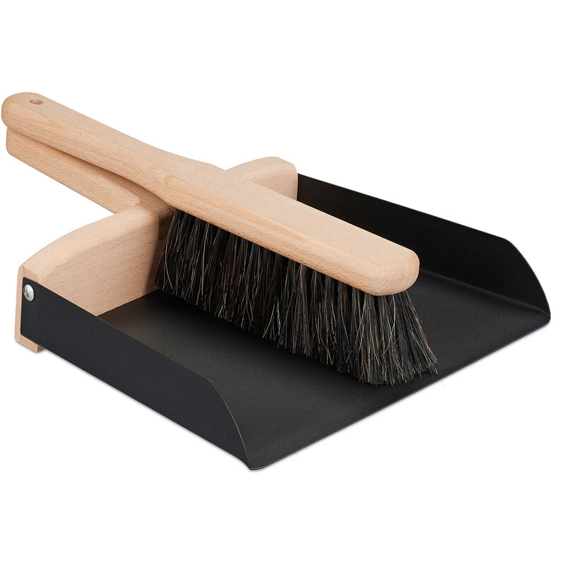 Relaxdays - Sweeping Set, for Household & Camping, Metal & Beechwood, Hand Brush & Dustpan, 6 x 24 x 31 cm, Black/Natural
