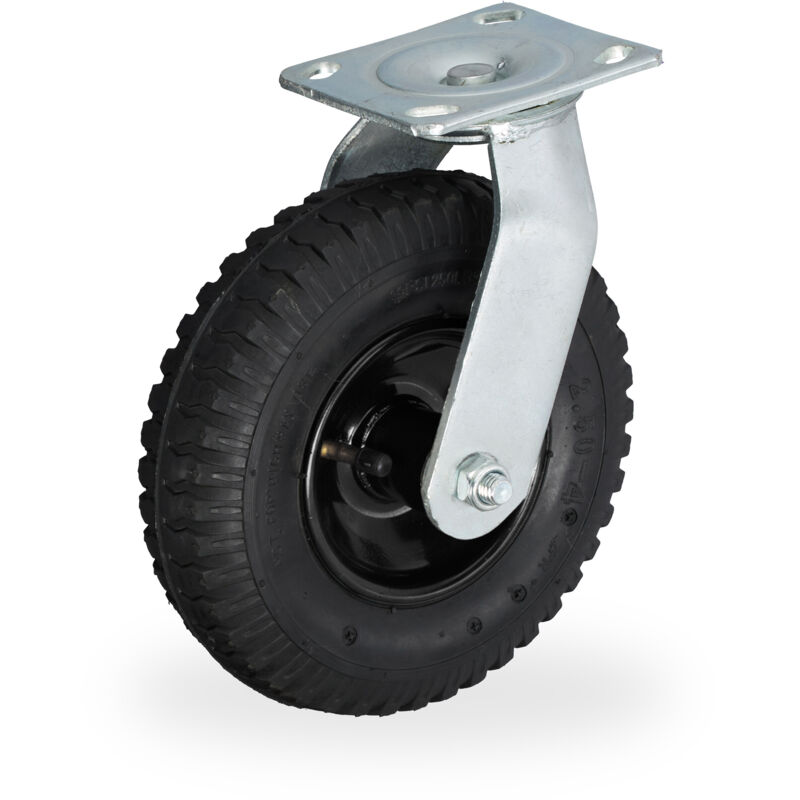 Relaxdays Pneumatic Fixed Castor, 2.50-4, Load 120 kg, Rubber, Steel Plate, Air-Filled, Heavy-Duty Wheel,