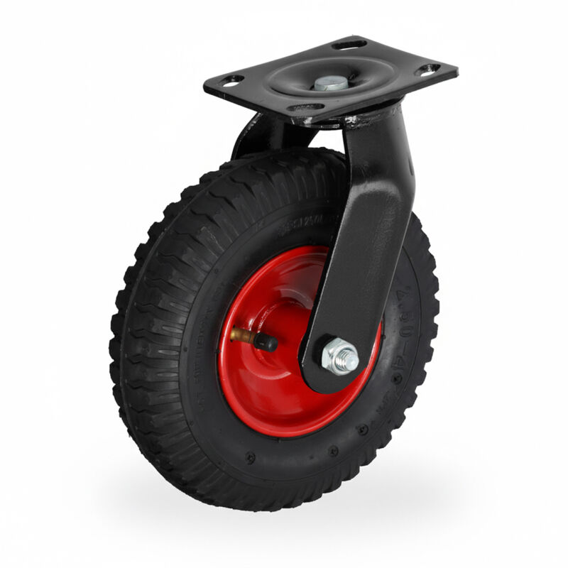 Relaxdays swivel pneumatic castor 2.50-4, heavy-duty transport, steel plate for screw mounting, up to 120 kg, black/red