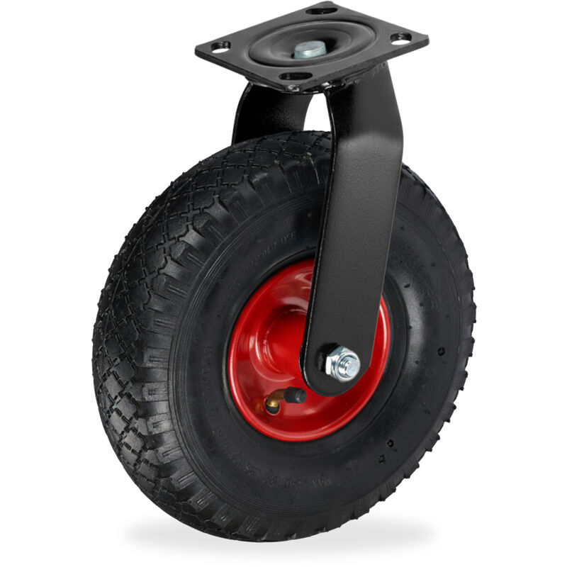 Relaxdays swivel castor, pneumatic tyre 3.00-4, heavy-duty transport wheel, mounting plate, up to 120 kg, black/red