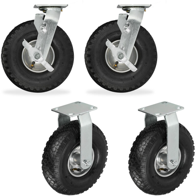 Relaxdays Swivel Castors Set of 4, Pneumatic Tyres 3.00-4, Heavy Duty, Mounting Plate, up to 480 kg, Black/Silver