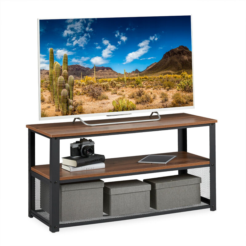 Relaxdays - table basse, 3 supports, en métal, veinure de bois, pour le salon, style industriel, banc TV,HxlxP 51x100x40cm, brun