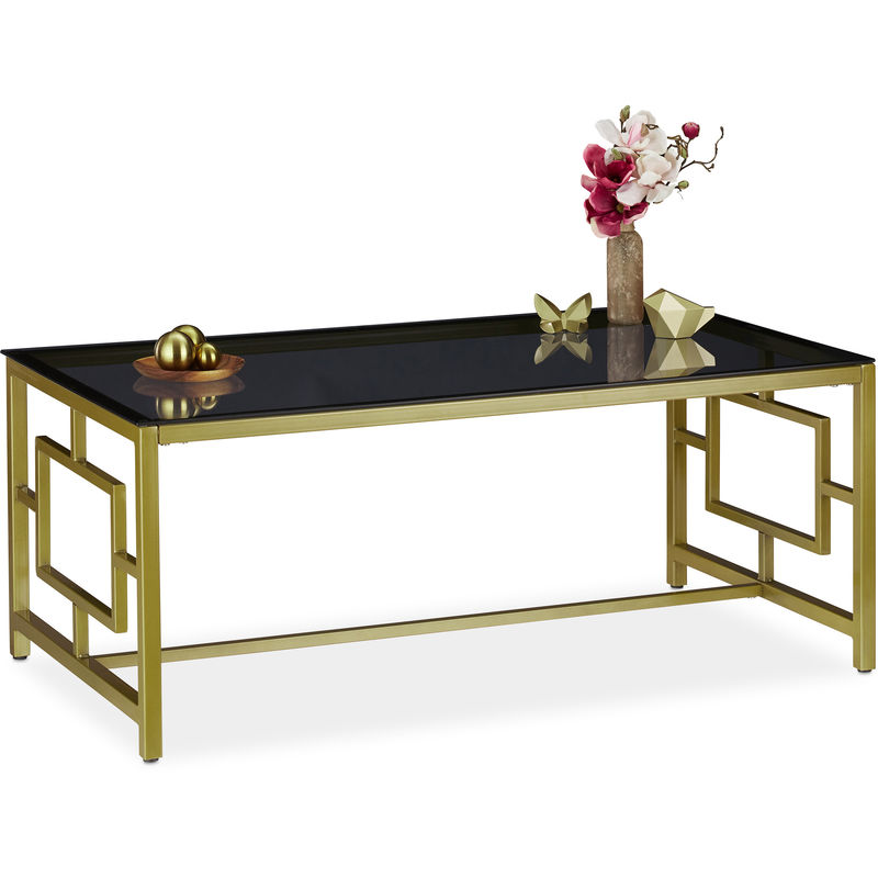 Relaxdays - Table basse avec plaque de verre noire,cadre métallique,Table de salon,HxlxP 45 x 110 x 60 cm,noire, dorée