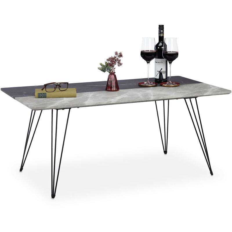 Table basse en aspect marbre, design bicolore, meuble d'appoint, pieds en métal, hlp 47x110x60,5 cm, noir/gris - Relaxdays