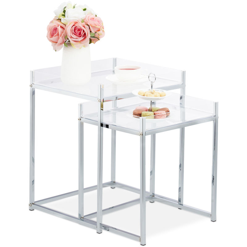 Table basse en jeu de 2, carré, Design moderne, Table acrylique pour salon, HlP: 49 x 40 x 35 cm, transparent - Relaxdays