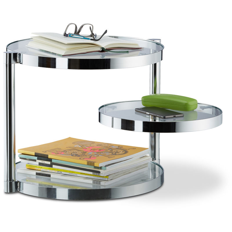 Relaxdays - Table basse en verre appoint argent plateau rond 3 surfaces HxlxP: 39 x 52 x 45 cm, argent