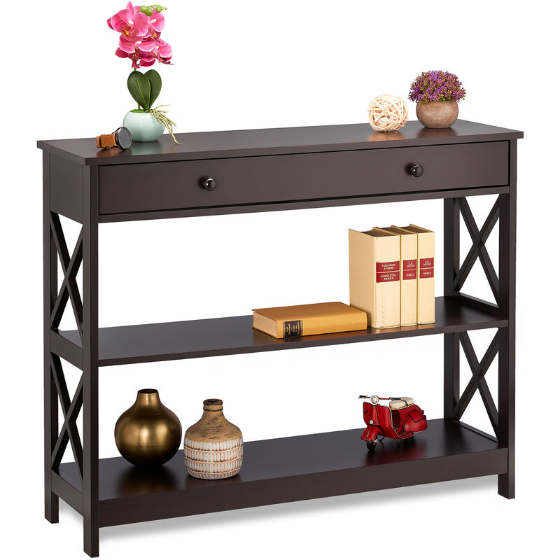 Table console avec un tiroir, 3 niveaux, étroite, h x l x p : 80 x 100 x 30 cm, pour salon et entrée, marron - Relaxdays