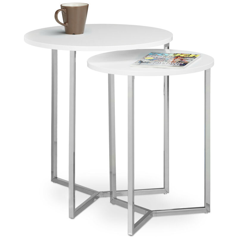 Relaxdays - Table console ronde lot de 2 diamètre 50 et 40 cm table d'appoint plateau rond en bois canapé table gigogne pieds en métal chromés