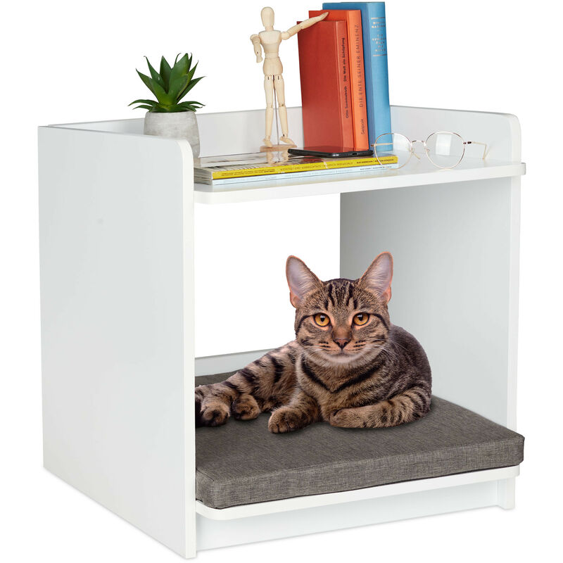 Table d'appoint avec lit pour animal domestique, chat et chien, h x l x p : 54,5 x 50 x 54 cm, coussin, blanc - Relaxdays