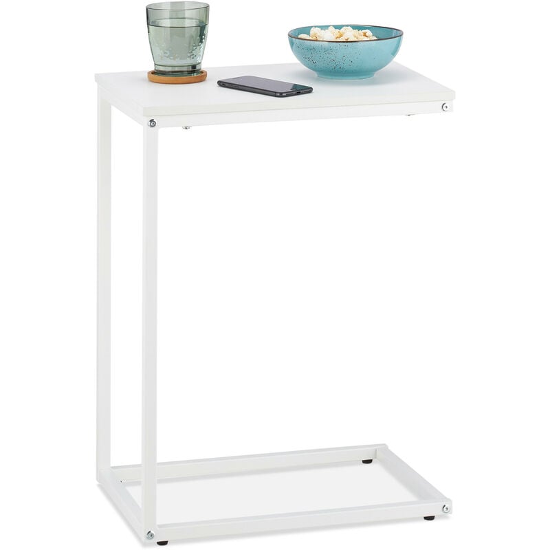 Table d'appoint en forme de c, à glisser, métal, aspect bois, hlp : 60 x 30 x 45 cm, pour salon, blanc - Relaxdays