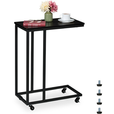 Relaxdays Table d'appoint en forme de C, roulettes, mélange de matériaux, H x L x P : 79 x 60 x 30 cm, noire