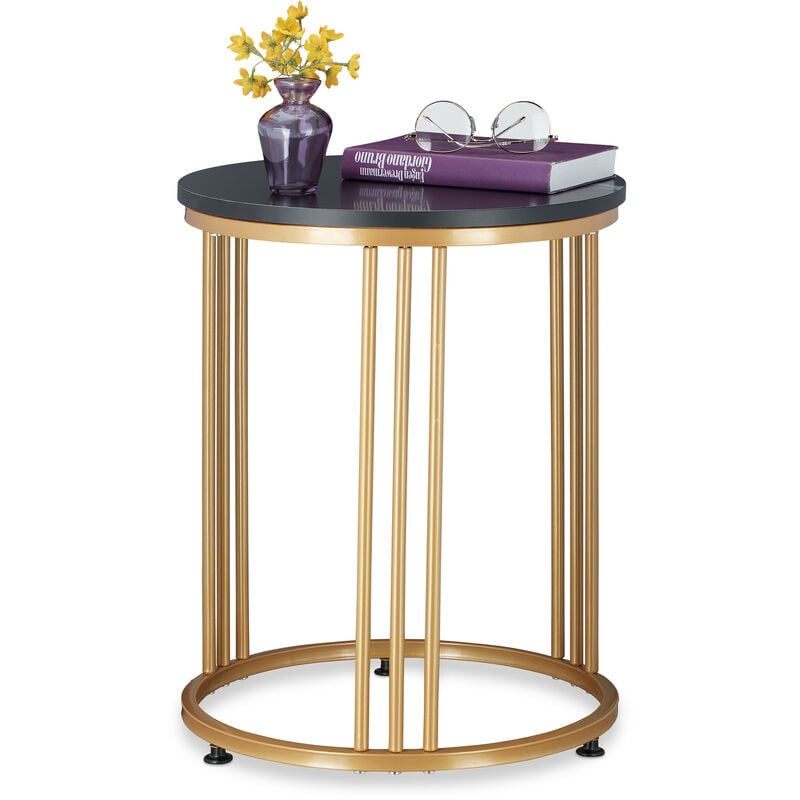 Table d'appoint marmo, métal et mdf, bout de canapé rond, salon, couloir, HxD 51 x 41 cm, noir/doré - Relaxdays