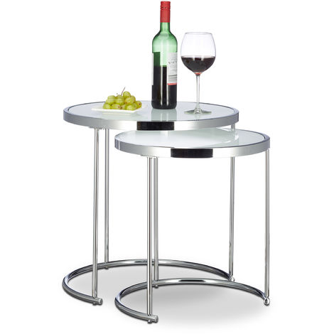 Relaxdays Table d’appoint ronde console table basse plateau verre blanc cadre chrome lot de 2 design moderne, argenté