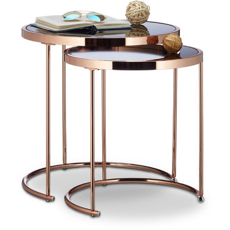 Relaxdays Table d'appoint ronde console table basse plateau verre noir cuivre lot de 2, cuivre