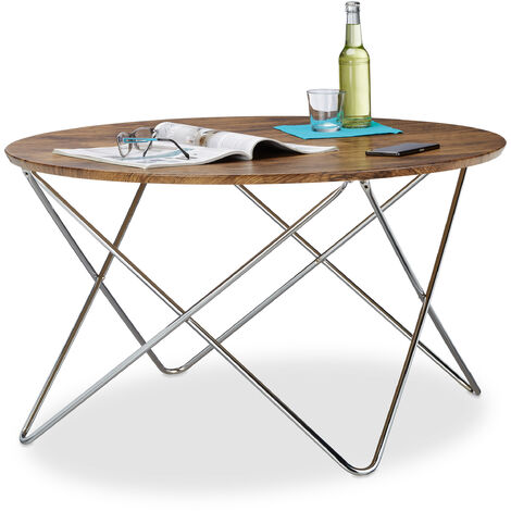 Relaxdays Table d’appoint ronde grande table basse en bois look vintage pieds croisés cadre en métal HxlxP: 50 x 90 x 90 cm, nature