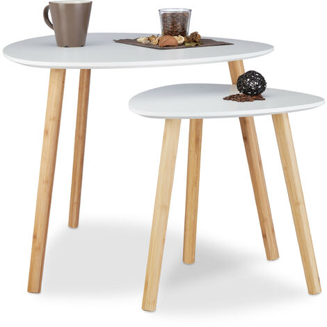   Table d'appoint ronde lot de 2 en bois blanc table gigogne nordique scandinave, blanc nature