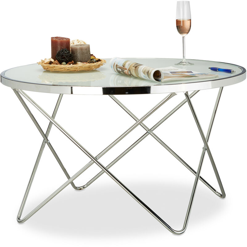 Relaxdays - Table d’appoint Verre dépoli, Large Table de Salon, Bout de Canapé Noble Acier chromé HLP 48x85x85 cm, argenté