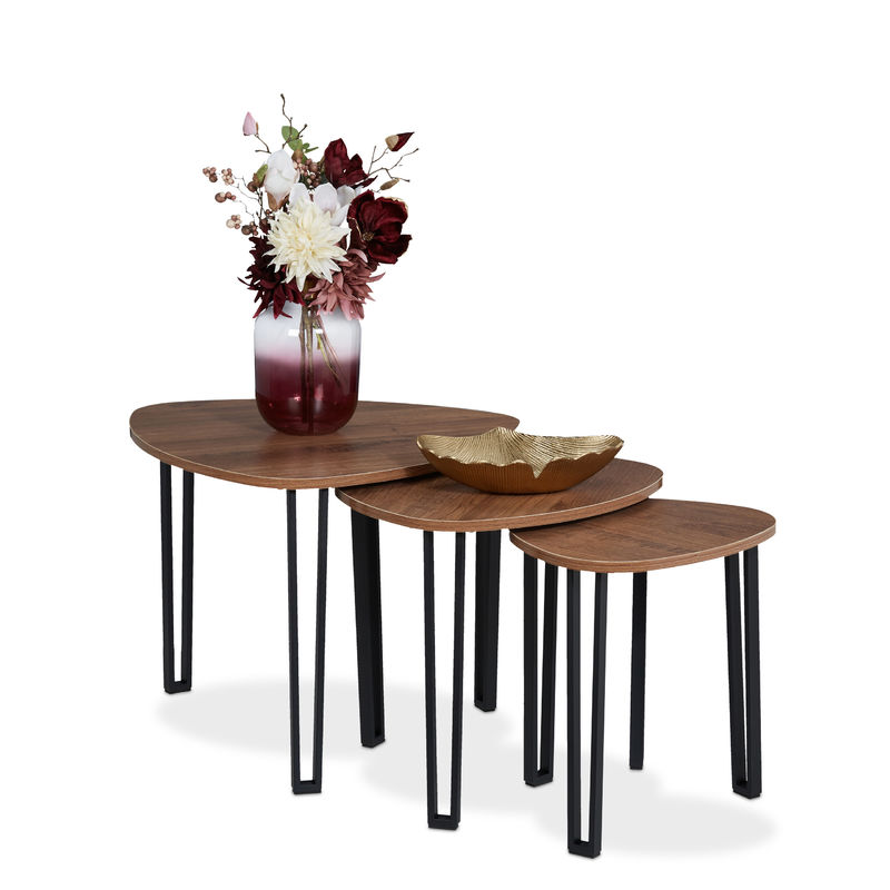 table d'appoint,jeu de 3, design industriel,empilable, tables gigognes 3 dimensions, métal, aspect boisé/noir - relaxdays