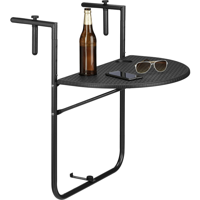 Relaxdays Table de balcon pliante pliable appoint table suspendue rabattable BASTIAN rotin hauteur réglable l x P: 60 x 40 cm, noir