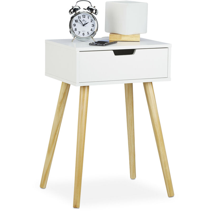 Table de chevet, petit meuble, design moderne,1 tiroir, pour lit avec sommier HlP 60x40x30cm,blanc/nature - Relaxdays