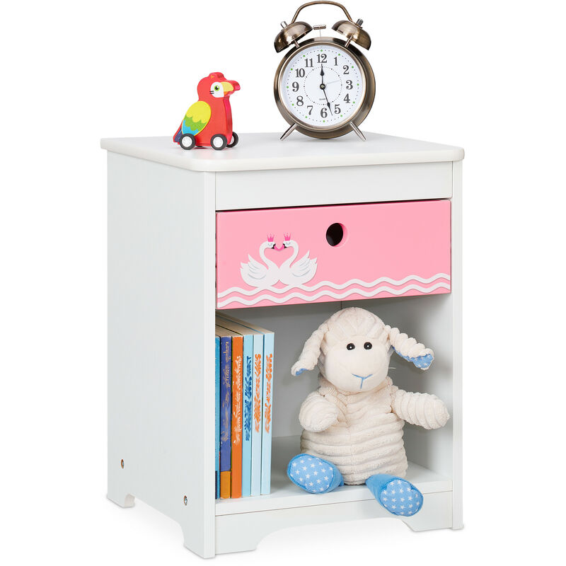 Table de chevet pour enfant, cygnes, tiroir et rangement, meuble nuit, commode, hlp : 41x32x31 cm, blanc-rose - Relaxdays