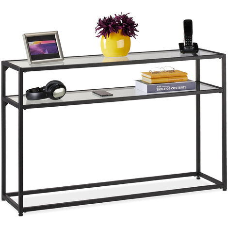 Relaxdays Table de console, 2 surfaces, meuble d’appoint étroit, couloir & salon, métal, verre, HLP 70x110x30 cm, noir