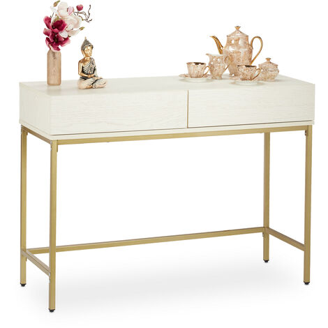 Relaxdays Table de console, 2 tiroirs, meuble d’appoint aspect bois, salon, couloir, HLP 80x110x40 cm, blanc/doré