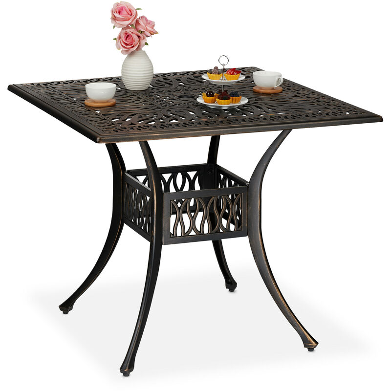 Table de jardin avec trou pour parasol, look antique, fonte d'aluminium, hlp 75x90x90 cm, carré, noir/bronze - Relaxdays