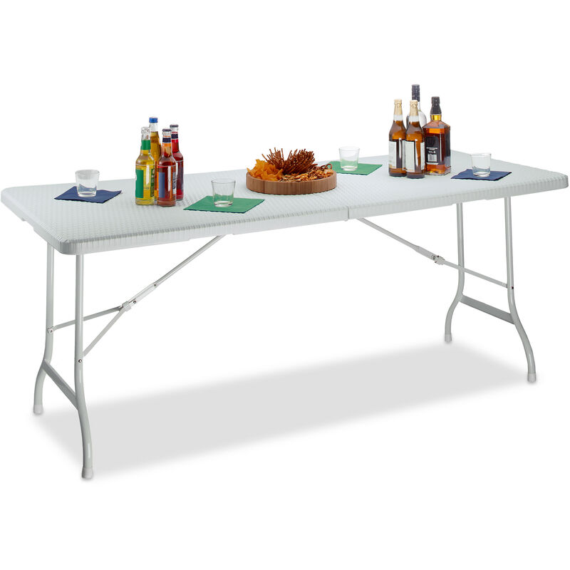 Relaxdays - Table de jardin pliable bastian optique rotin grande table pliante poignées camping pique-nique HxlxP: 72 x 178 x 74 cm, blanc