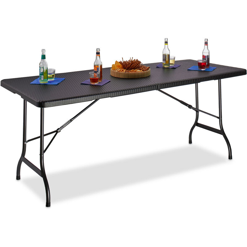 Table de jardin pliable bastian optique rotin grande table pliante poignées camping pique-nique HxlxP: 72 x 178 x 74 cm, noir - Relaxdays