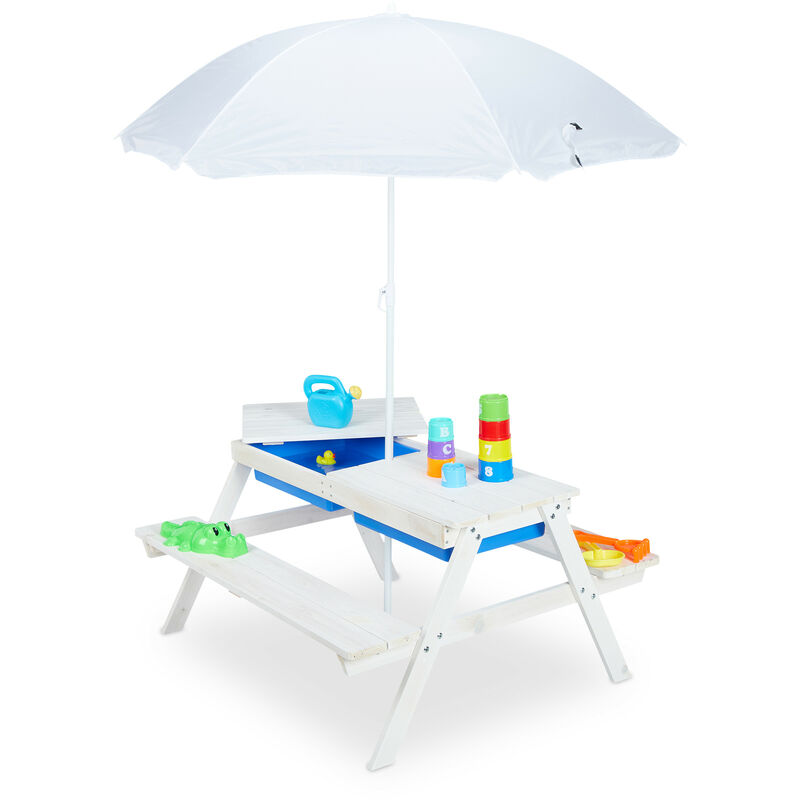 Table de jardin pour enfants, en bois, bacs pour jouer avec l eau et le sable, parasol inclus, blanche - Relaxdays