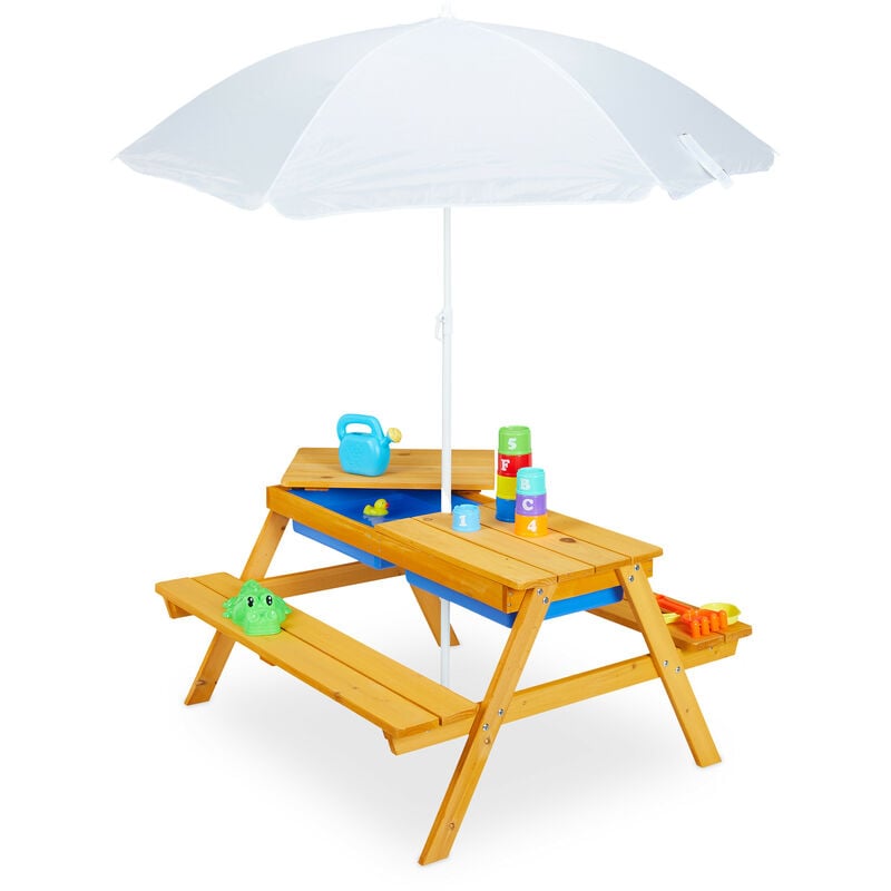 Table de jardin pour enfants, en bois, bacs pour jouer avec l eau et le sable, parasol inclus, orange - Relaxdays