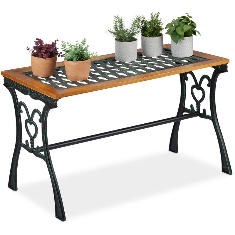 Relaxdays Table de jardin rectangulaire, extérieur, vintage, bois et fonte de fer, HlP 58x98x47 cm, balcon, nature-noire