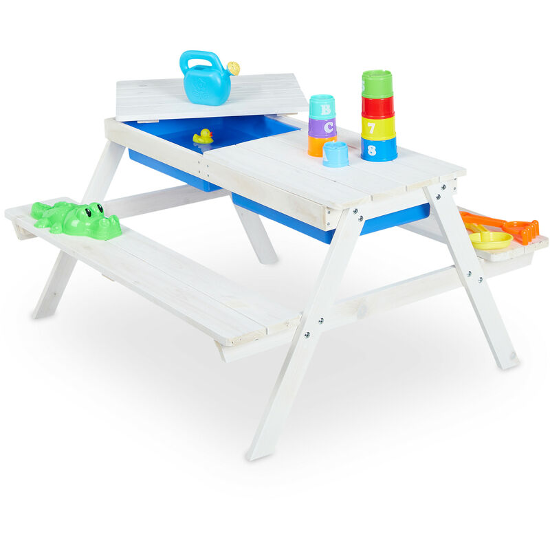 Table de jeu d'extérieur enfants, table pique-nique bois, bacs plastique, rangement, hlp: 50x89x85 cm, blanc - Relaxdays