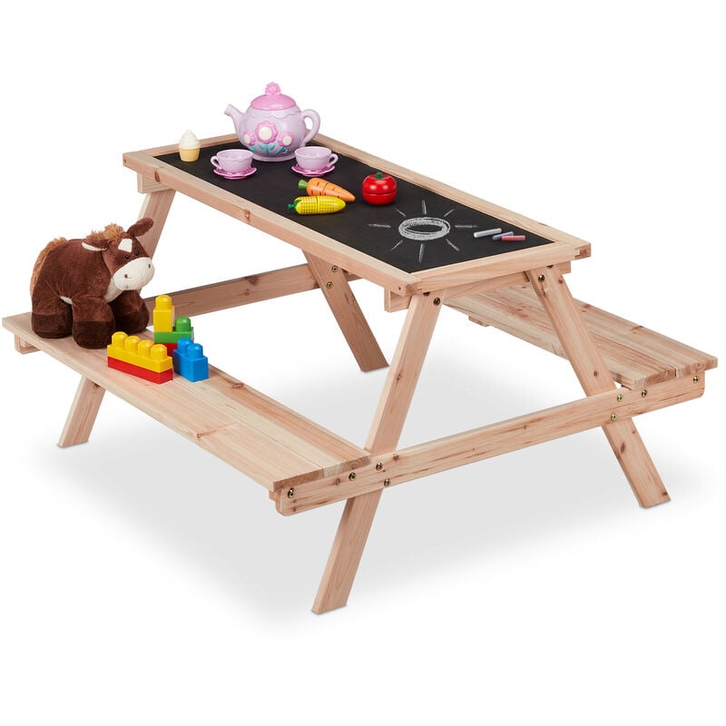 Table de jeu pour enfants, en bois, avec ardoise, d'extérieur, hlp: 51x90x87 cm, table à dessin, naturel/noir - Relaxdays