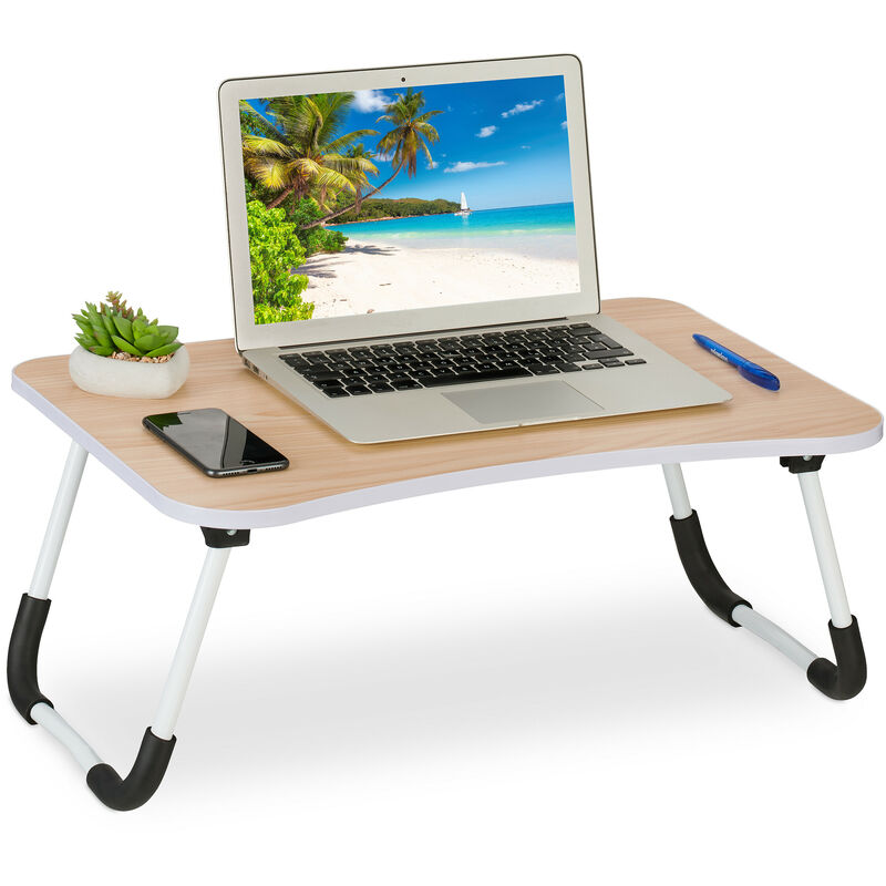 Relaxdays Table de lit, tablette canapé, HxLxP : 26x63x40 cm, support pliable, ordinateur portable, MDF, fer, brun clair