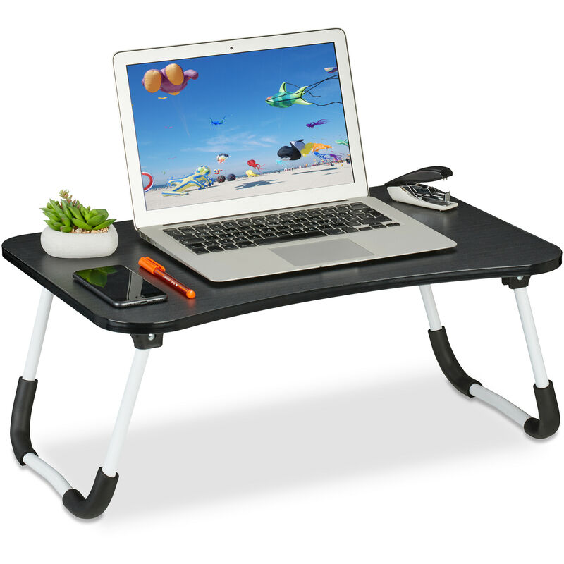 Table de lit, tablette canapé, HxLxP : 26x63x40 cm, support pliable, ordinateur portable, mdf, fer, noir - Relaxdays