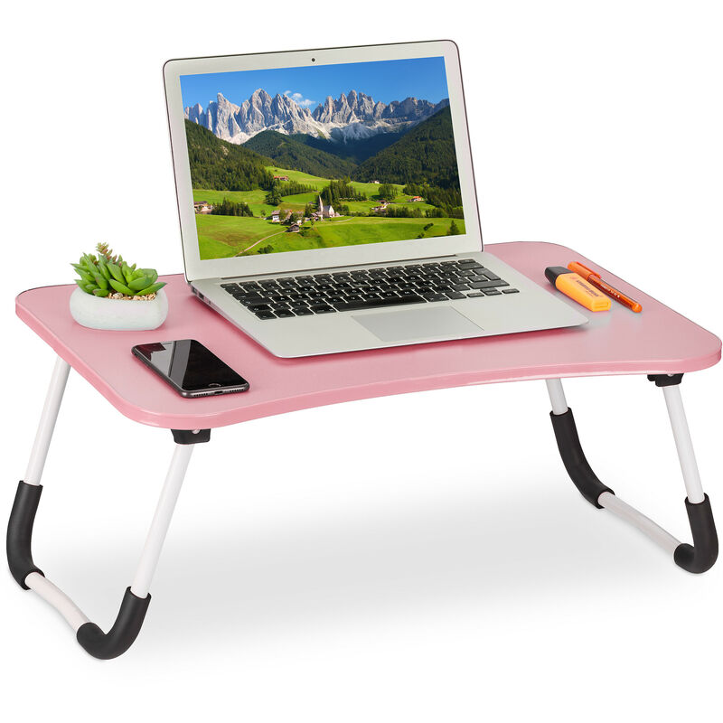 Relaxdays - Table de lit, tablette canapé, HxLxP : 26x63x40 cm, support pliable pour ordinateur portable, mdf et fer, rose