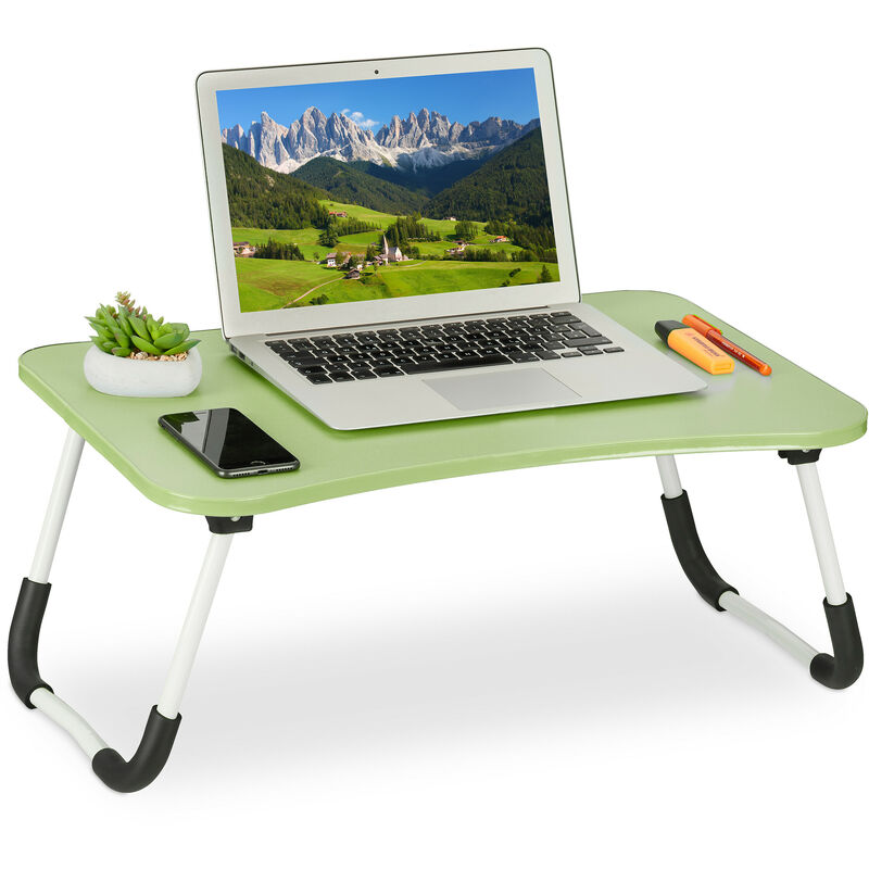 Table de lit, tablette canapé, HxLxP : 26x63x40 cm, support pliable pour ordinateur portable, mdf et fer, vert - Relaxdays