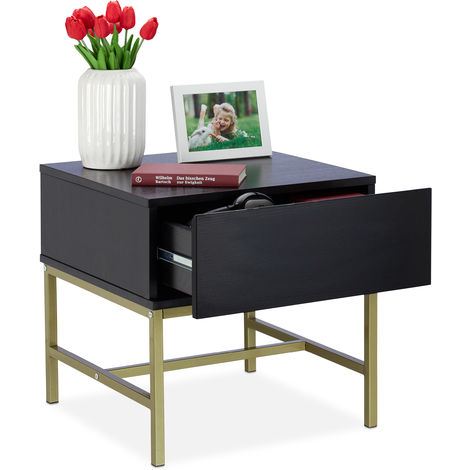 Relaxdays Table de nuit noire, carrée Table d’appoint Tiroir en bois, structure métallique dorée, 50x50x50cm, noir