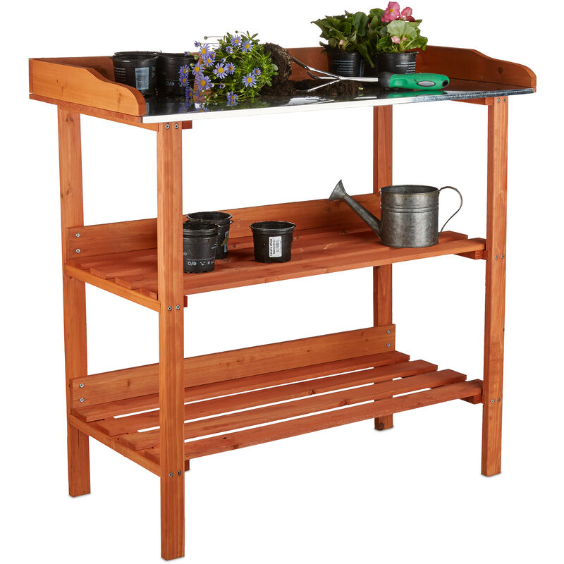 Relaxdays - Table de préparation pour semis en bois avec plan de travail en métal 3 étages potager serre HxlxP: 87,5 x 91,8 x 41,5 cm, orange