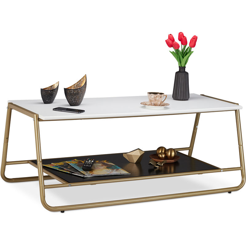 Relaxdays - Table de sofa avec pieds métalliques, dorés, 2 plateaux, décorative, Table de salon, HlP 42x110x55 cm,blanche