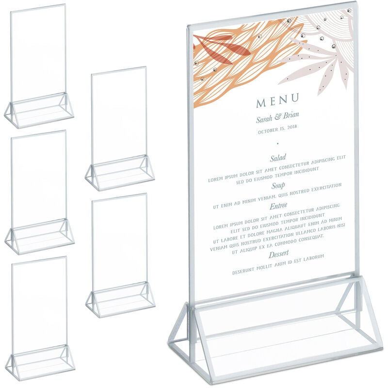 Relaxdays - Table Stand, Set of 6, din A6, Wedding, for Menu Cards and Photos, Acrylic Card Holder, Transparent/Silver