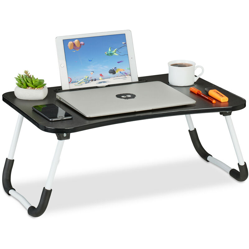 Table lit et canapé ordinateur portable, porte-tablette, encoche gobelet, HxLxP : env. 26x63x40 cm, blanc/noir - Relaxdays