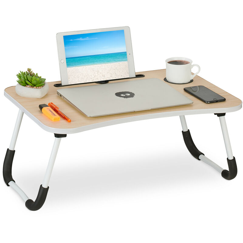 Table lit et canapé ordinateur portable, porte-tablette encoche gobelet, HxLxP: env. 26x63x40 cm, nature/blanc - Relaxdays
