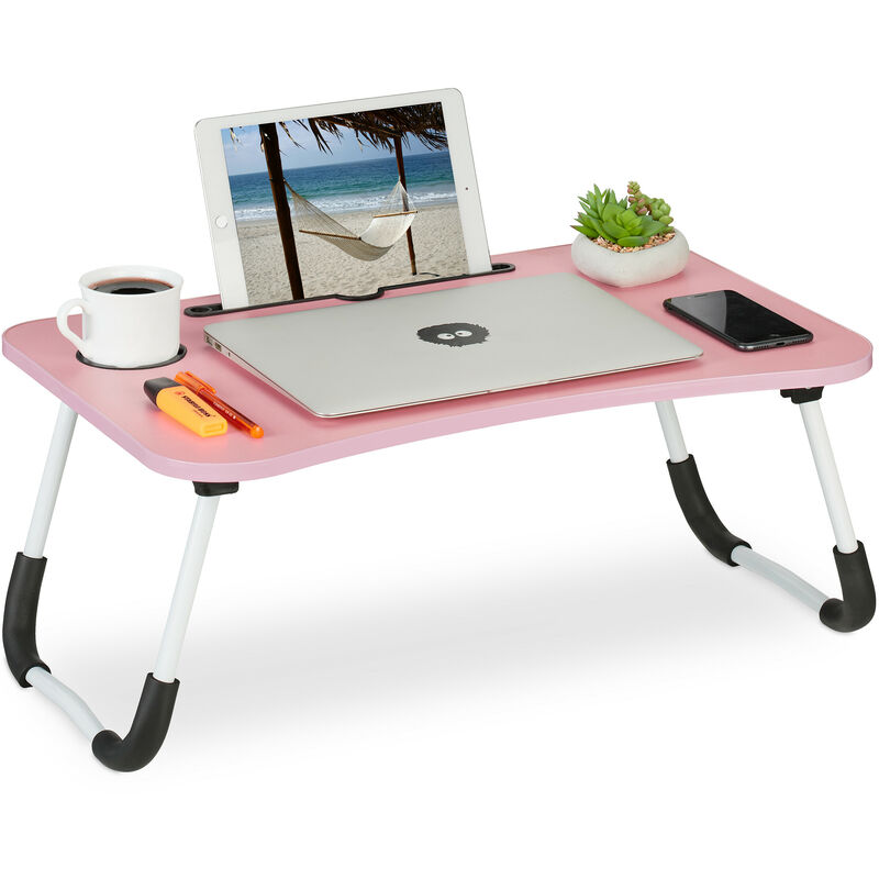 Table lit et canapé ordinateur portable, porte-tablette, encoche gobelet, HxLxP : env. 26x63x40 cm, rose/blanc - Relaxdays