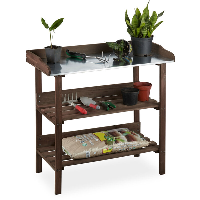 Table à plantes, plaque métallique, Table de dépotage avec rangements, bois, 86 x 92 x 41 cm, marron foncé - Relaxdays