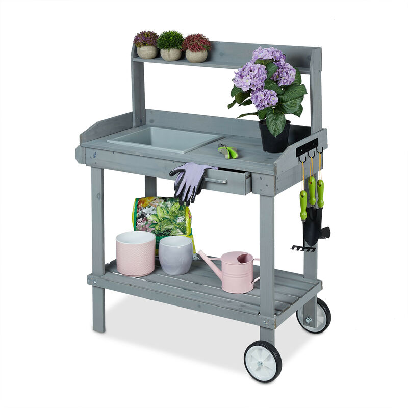 Table pour plante avec roulettes, bac et tiroir, pour le jardin, bois, plastique, HlP: 120 x 97 x 48 cm, gris - Relaxdays