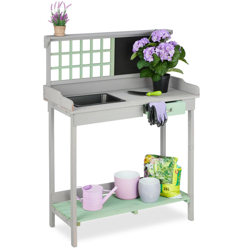Relaxdays - Table pour plantes avec bac, 2 niveaux, travail de jardin,tiroir, en bois, HlP 121 x 92 x 42,5 cm, gris-vert