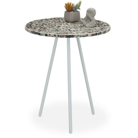   Table ronde mosaïque, Table d'appoint, Décorative, Table jardin, fait main, HxD: 50 x 41 x 16 cm, blanc argent